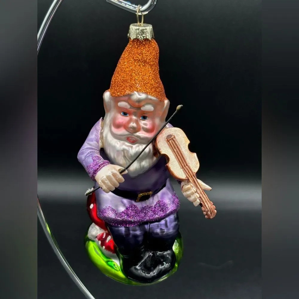 2 Glass Target Christmas Gnome Ornaments Playing Violin and Flute Musical Whimsy